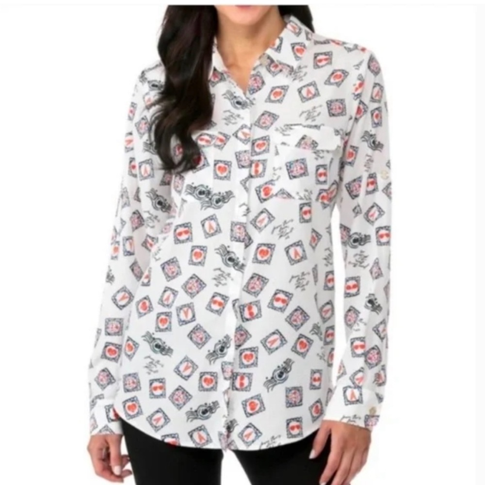Karl Lagerfeld Button Down Blouse Long Sleeve Postage Stamps Top